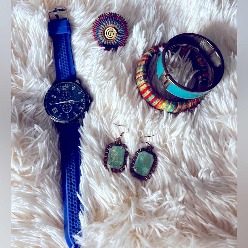 4 Pieces of Jewelry. Bundle. Watch. Earrings. 2 Bracelets. Ring. Multi Colored.